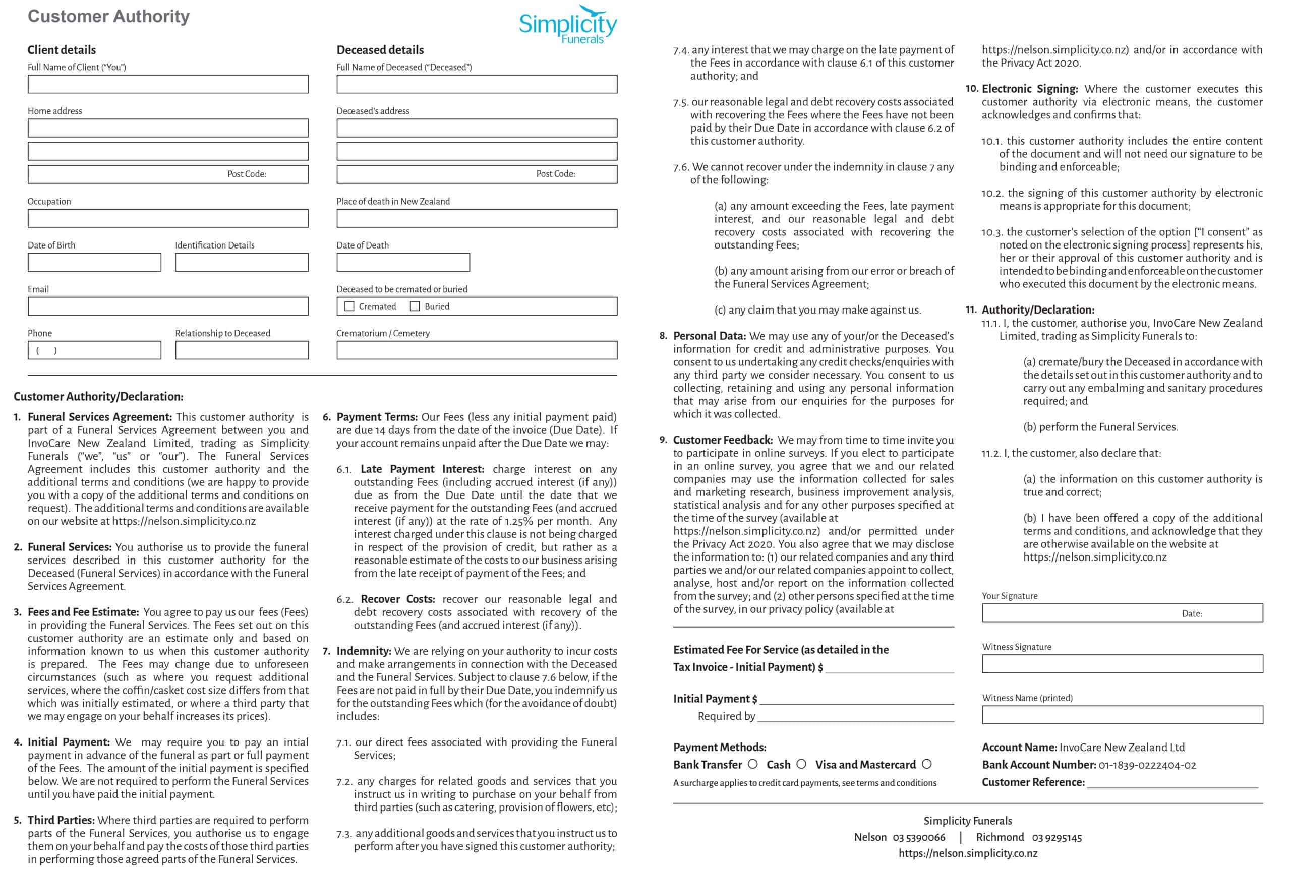 Simplicity Funerals Customer Authority Form